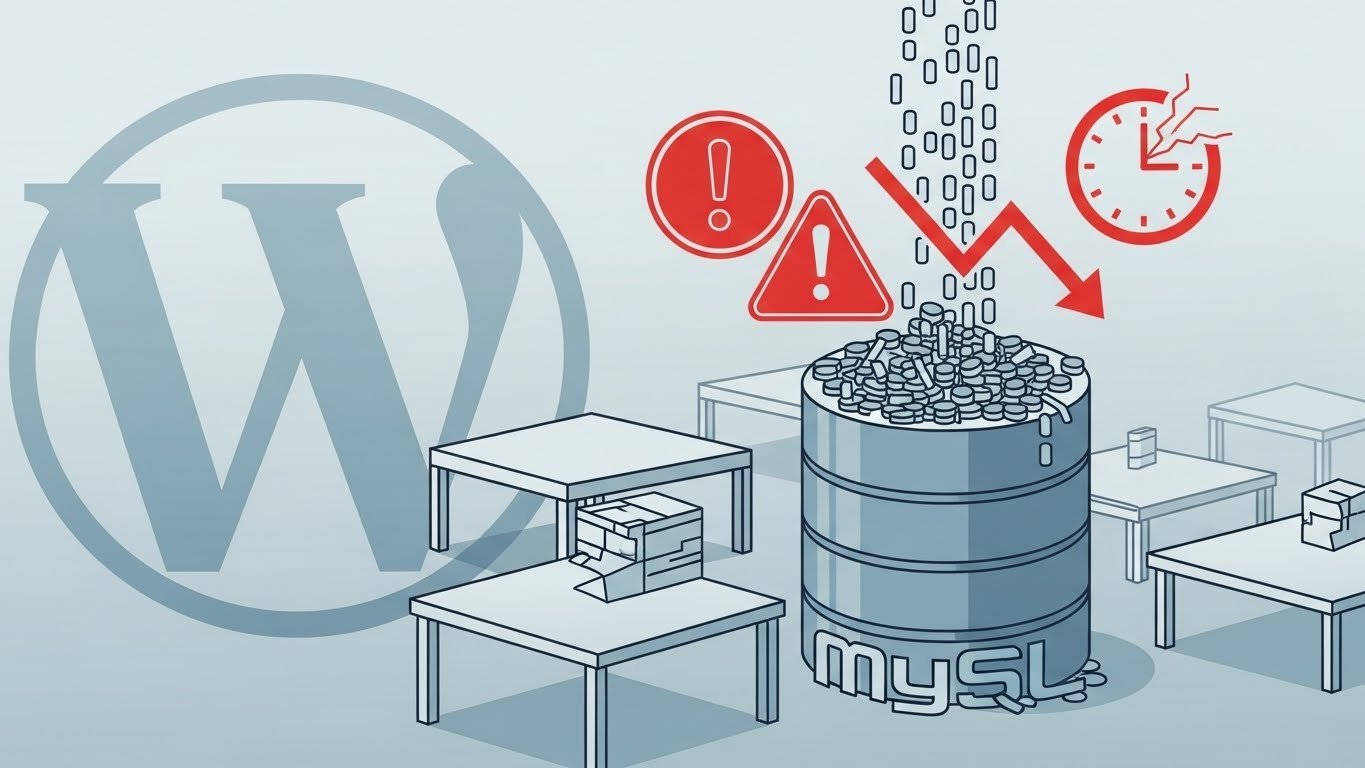 WordPress veritabanının gereksiz verilerle şişmesini gösteren teknik illüstrasyon.