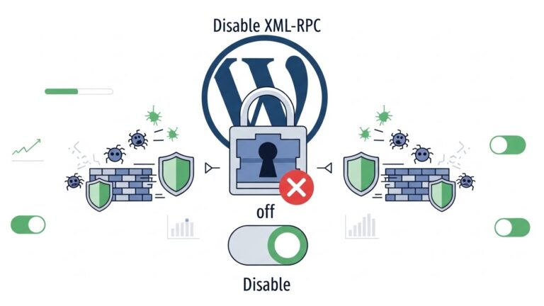 XML-RPC kapatılmış WordPress sitesi güvenliğini gösteren teknik illüstrasyon.