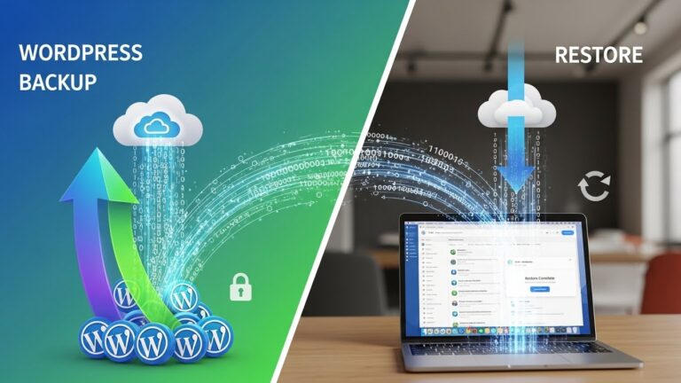 WordPress yedek alma ve veri kurtarma işlemini simgeleyen dijital zaman makinesi ve sunucu görseli