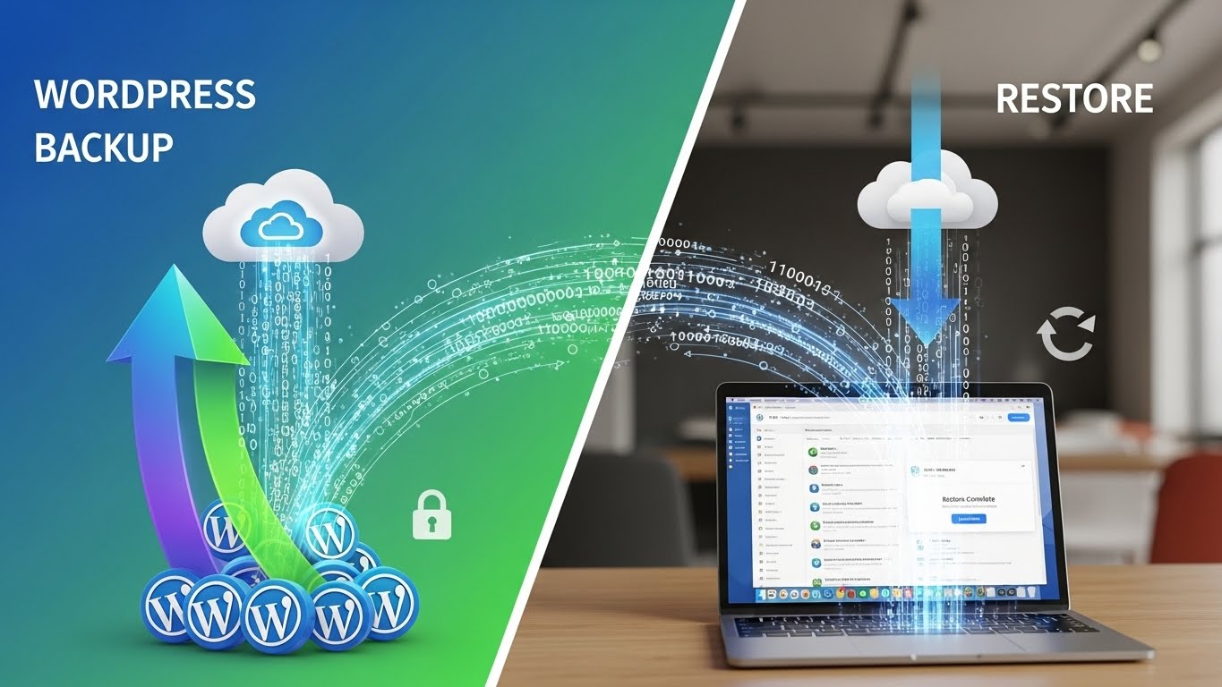 WordPress yedek alma ve veri kurtarma işlemini simgeleyen dijital zaman makinesi ve sunucu görseli