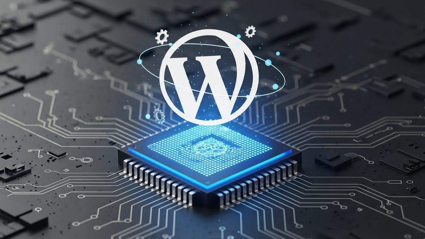Yüksek performanslı ve optimize edilmiş WordPress hosting altyapısını simgeleyen teknolojik işlemci üzerinde parlayan WordPress logosu