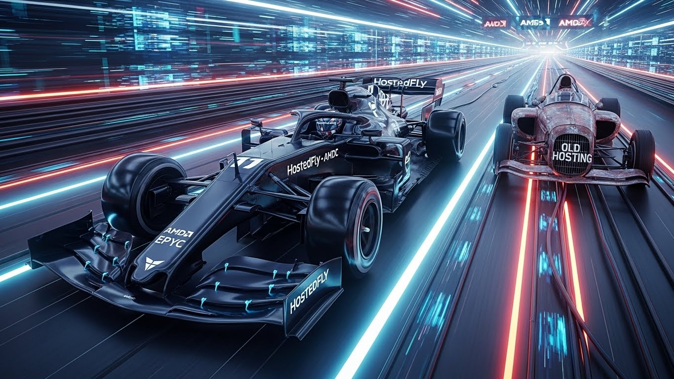 Eski sunucular ile hostedfly amd epyc sunucuları arasındaki hız farkını gösteren yarış konsepti