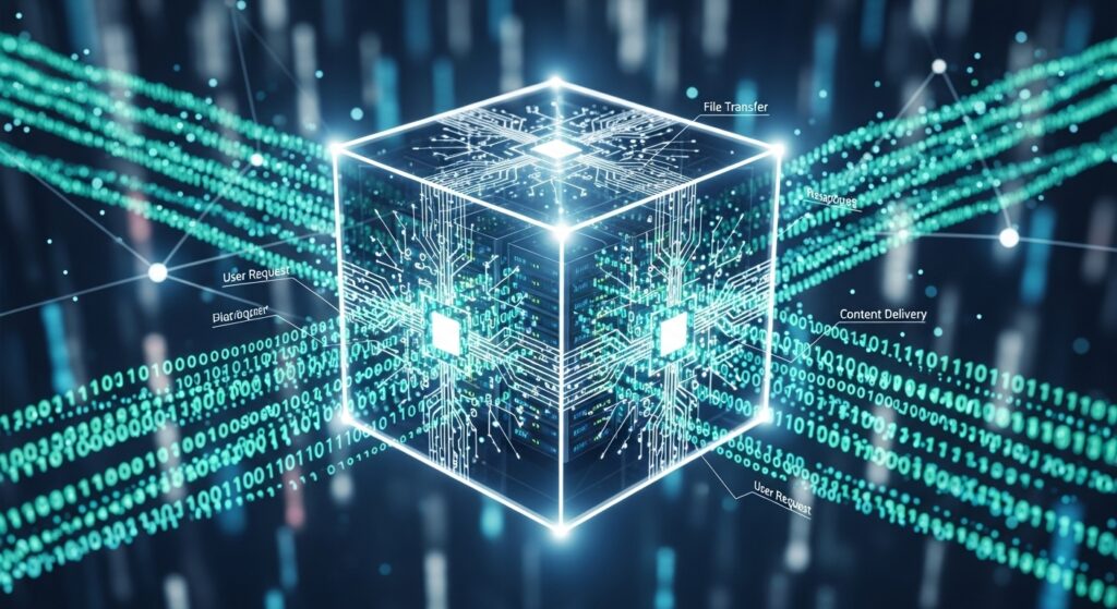 Web Hosting performansında I/O darboğazını ortadan kaldıran yüksek hızlı veri transferini simgeleyen fütüristik sunucu işlemcisi. Görselde, NVMe teknolojisinin sunduğu limitsiz veri akışını temsil eden parlayan veri yolları ve merkezi bir işlem küpü görülüyor.