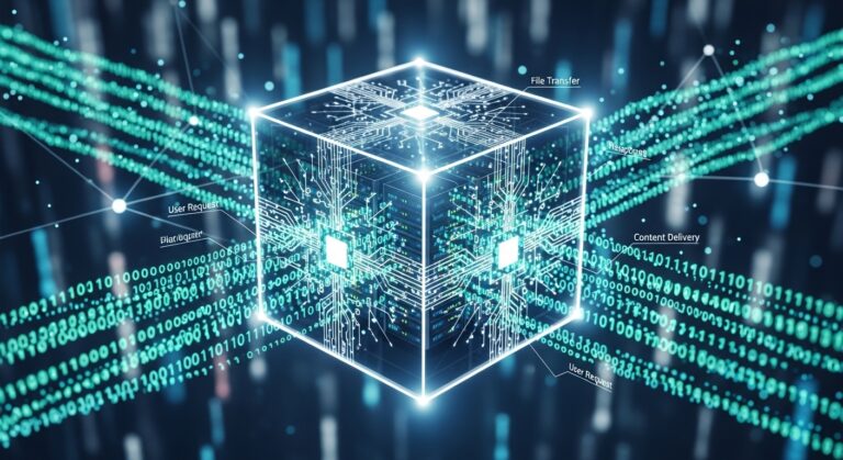 Web Hosting performansında I/O darboğazını ortadan kaldıran yüksek hızlı veri transferini simgeleyen fütüristik sunucu işlemcisi. Görselde, NVMe teknolojisinin sunduğu limitsiz veri akışını temsil eden parlayan veri yolları ve merkezi bir işlem küpü görülüyor.